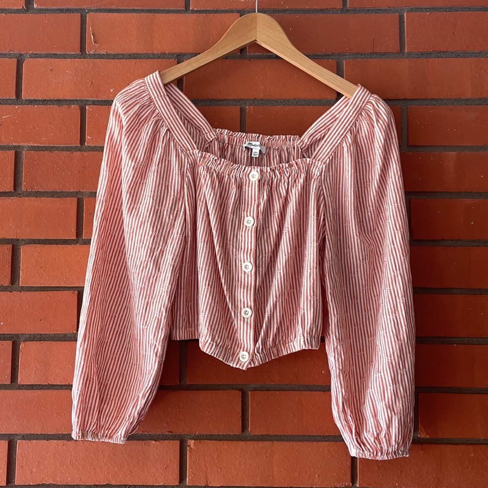 MADEWELL Women's Orange White Long Sleeve Striped Button Front Blouse